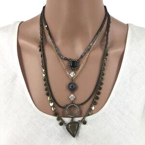 Freedom Necklace Tier Layered Black Silver Tone Rhinestone Fringe Adjustable Len